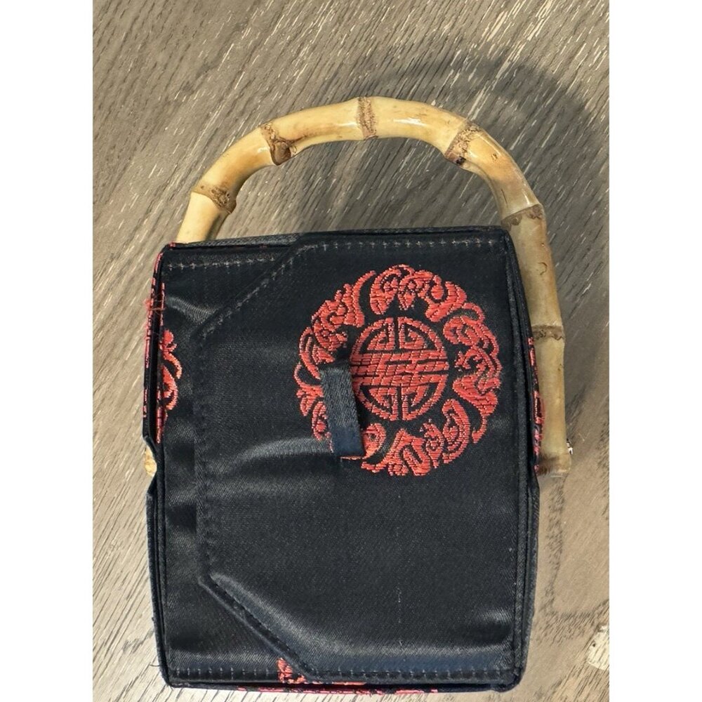 Vintage Tozai Chinese Takeout Box Purse Black & Red Satin-Bamboo Top Handle - Picture 8 of 12